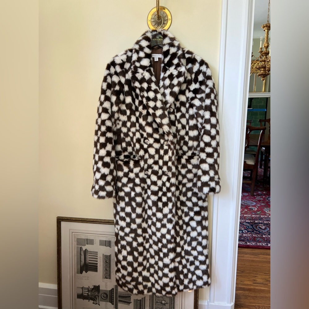 Checkered faux fur super warm Long Coat - Picture 2 of 8